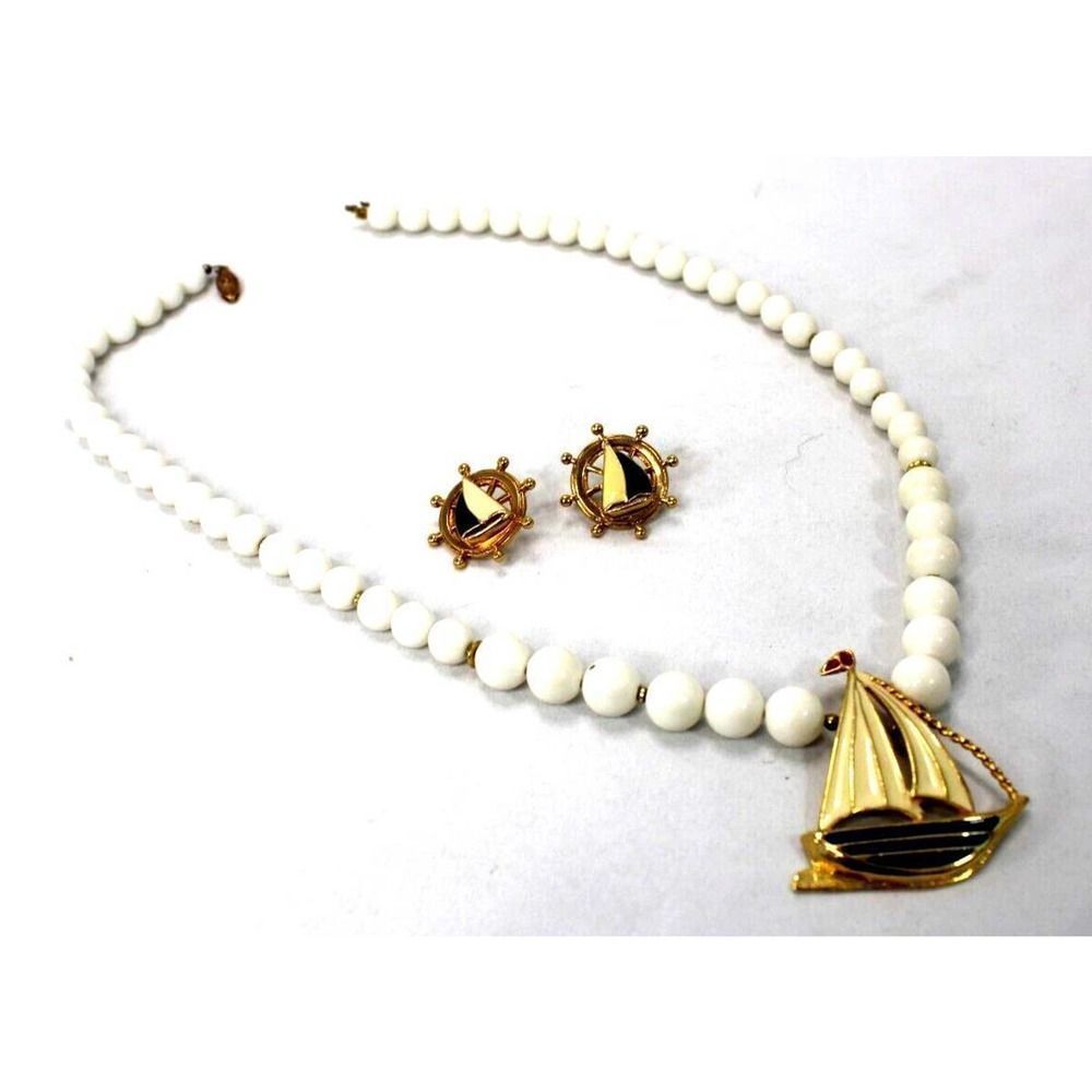 Avon Nautical Theme Sailing Boat Pearl Necklace & Earrings Costume Jewelry VTG